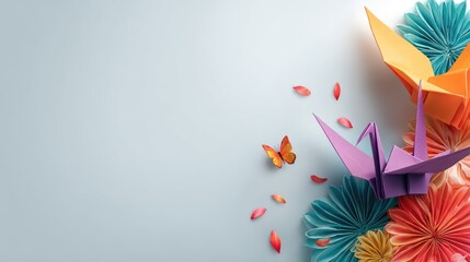 Pastel origami cranes and flowers