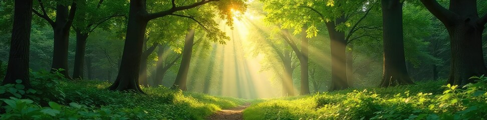 Obraz premium Sunlight dappling through the leaves of a lush park forest, creating a magical atmosphere Perfect for nature, tranquility, and environmental themes , animals, woods
