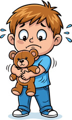 Cartoon boy with brown hair, tearful eyes, hugging a brown teddy bear