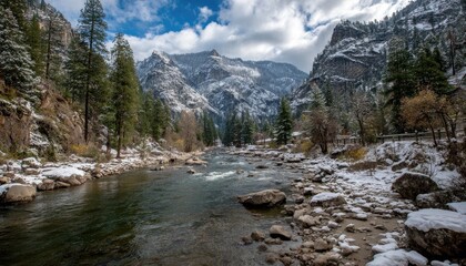 Obraz premium Snowy mountain river valley scene