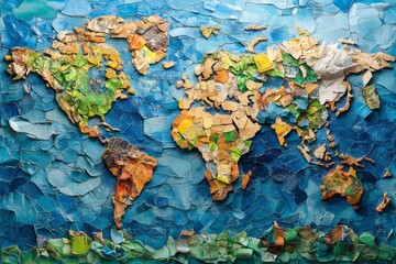 Paper art collage of a world map made from school project materials, symbolizing environmental consciousness, eco-friendly efforts, and global unity for a better future, Generative AI
