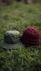 Two hats sitting side by side on green grass in a natural outdoor setting on a sunny day outdoors
