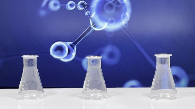Three empty laboratory Erlenmeyer flasks on white table with scientific molecular structure background, clear glass lab equipment for chemistry and science footage