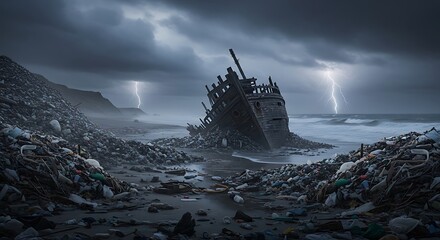 Desolate Shipwreck on a Stormy Coast.