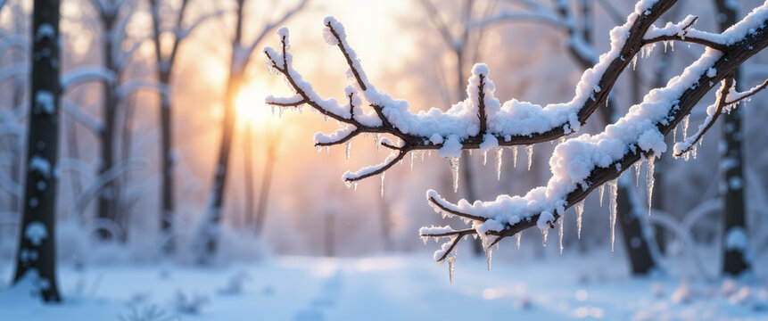 A tranquil forest path at sunrise on a frosty winter day, a serene landscape for travel blogs and seasonal background imagery.
