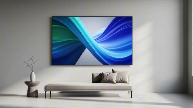 Minimalist room TV displays a blue abstract image above a daybed vase on table sunlight