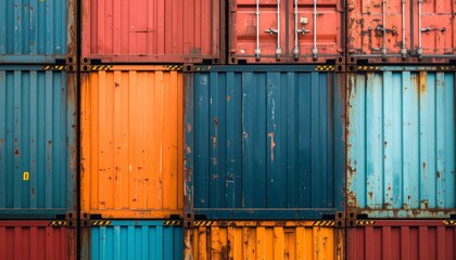 Detailed stock photo of industrial structures at a container terminal, including cranes, stacked containers, and heavy vehicles. Realistic RAW capture showing authentic textures and machinery.