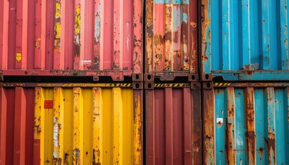 Detailed stock photo of industrial structures at a container terminal, including cranes, stacked containers, and heavy vehicles. Realistic RAW capture showing authentic textures and machinery.