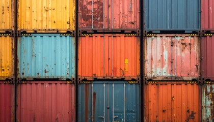 Detailed stock photo of industrial structures at a container terminal, including cranes, stacked containers, and heavy vehicles. Realistic RAW capture showing authentic textures and machinery.