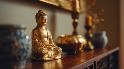 Golden Buddha statue on wooden shelf with decorative vases and candles in a warm, inviting interior setting that evokes peace and tranquility for meditation or decor.