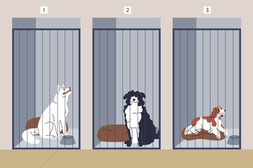 Dog shelter. Canine animal kennels, cage boxes, enclosure in rescue center for lost, homeless and stray pets, puppies. Welfare housing, voluntary temporary stay. Flat vector illustration