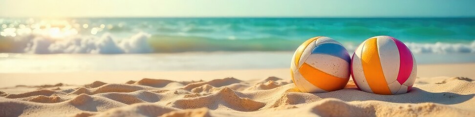 Obraz premium Two pairs of volleyballs sit on a pristine beach, ready for a game Sun shines on the golden sand, waves gently lap the shore in the background Perfect summer scene , waves, healthy, nature