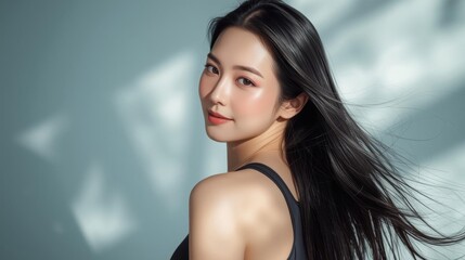 Fototapeta premium A poised young woman with flowing hair gazes over her shoulder, bathed in soft light against a minimalistic backdrop.