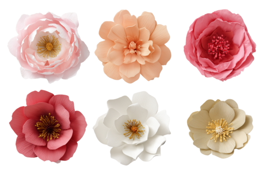 set of paper flowers isolated on transparent background, Clipart png