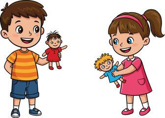 Cartoon boy and girl holding dolls, children playing with toys, happy kids smiling, childhood fun, vector illustration isolated background