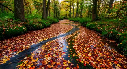 Autumnal Stream Through Colorful Forest.