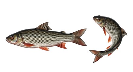 Fototapeta premium Two fresh raw fish with scales and fins on a white background.