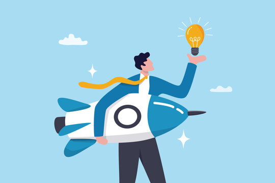 Entrepreneur or talent skill, initiative idea or innovation, creativity or motivation to develop and growth, startup plan, businessman genius skillful holding initiative rocket and lightbulb idea.