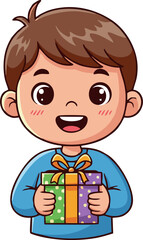 Cheerful Cartoon Boy Holding a Colorful Gift Box with a Golden Bow, Smiling Wide