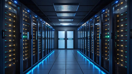 Modern Data Center with Server Racks and LED Lighting – Tech Infrastructure