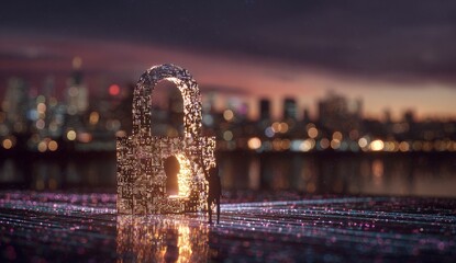 Digital Lock Illuminated Cityscape at Dusk