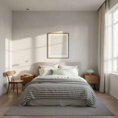 Fototapeta premium Modern Minimalist Bedroom with Natural Light and Cozy Bedding