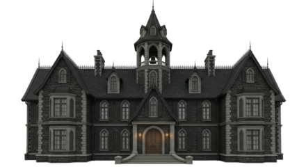 Isolated Victorian Gothic house, ornate architecture, dark and imposing facade, haunted home