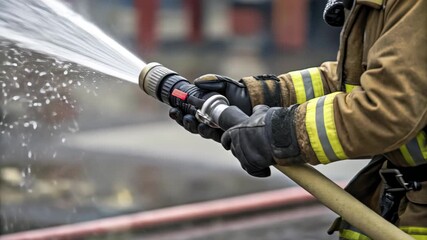 Firefighter in turnout gear grips hose nozzle, gloved hands spraying water in foreground with droplets, blurred street background and red hose line, concept of public safety and emergency response