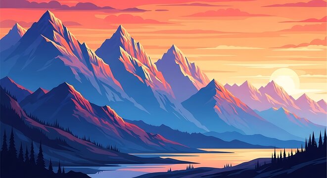Majestic Mountain Range Sunset Landscape.