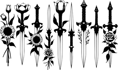 loral Dagger SVG Bundle | Sword and Flower Tattoo Design | Gothic Cut Files