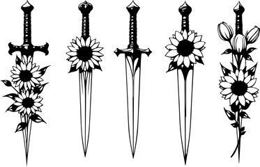 loral Dagger SVG Bundle | Sword and Flower Tattoo Design | Gothic Cut Files