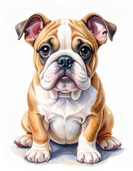 A cute, illustrated bulldog puppy with big eyes and a charming expression, sitting upright against a plain background.