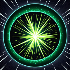 Vibrant green energy burst radiates outwards from a glowing portal, creating dynamic cosmic spectacle