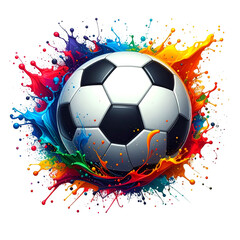 Fototapeta premium Classic black and white soccer ball with splash of colorful paint, isolated on transparent background 