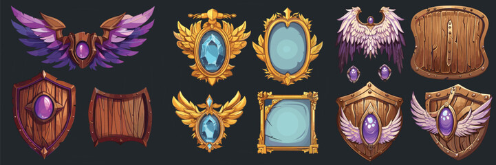 Set of fantasy game shields and badges for adventure interface design