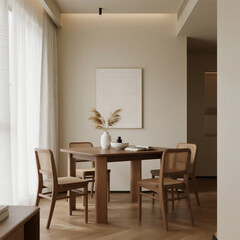 Modern Minimalist Dining Room with Wooden Furniture and White Curtains
