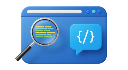Isolated icon of a browser window showing a magnifying glass and computer coding symbol