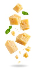 Cheese cubes in mid-air with basil