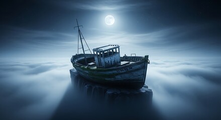 Abandoned Fishing Boat on a Misty Sea.