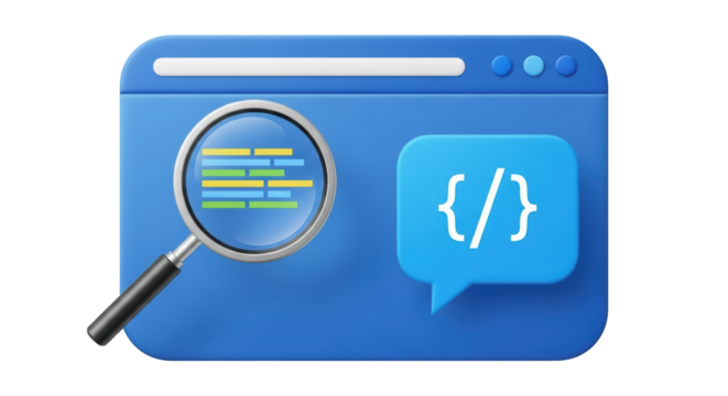 Isolated icon of a browser window showing a magnifying glass and computer coding symbol