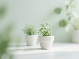 Fototapeta premium Small potted green plants on a white surface with soft background lighting
