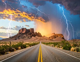 Dramatic desert road under storm clouds