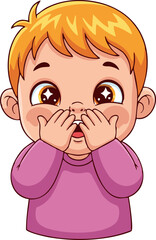 Cute Cartoon Child with Wide-Eyed Surprise and Hands Covering Mouth