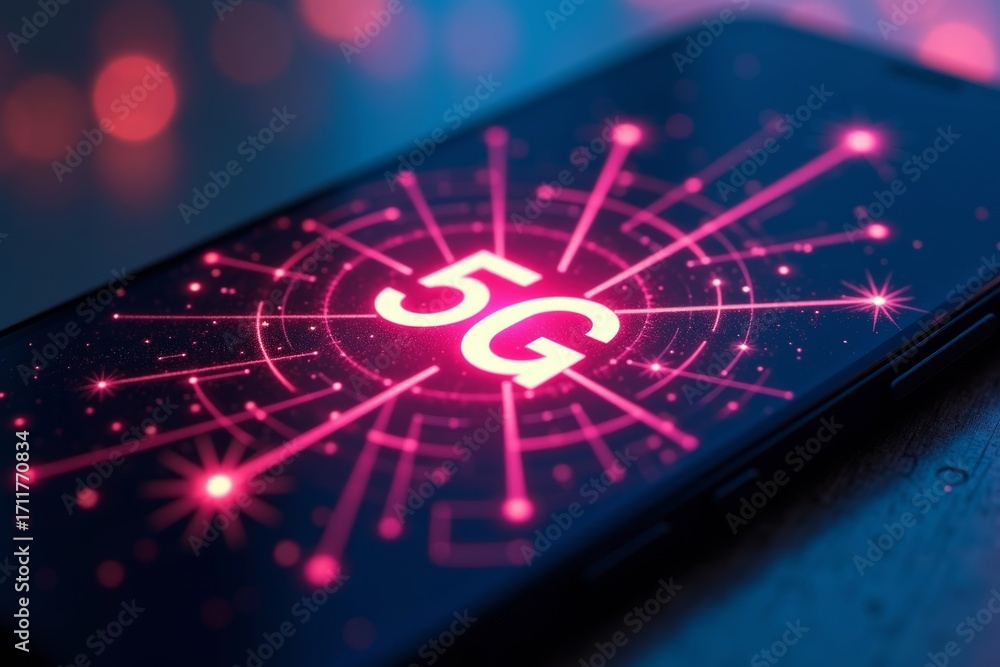 Aufkleber Close-up shot of a mobile phone screen showcasing a vibrant, futuristic 5G network icon with sparkling lines representing lightning-fast connectivity.