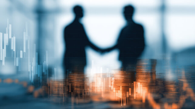 Business partners shaking hands with digital financial data overlay and blurred background of coins and graphs in a modern office setting, symbolizing trust and investment.