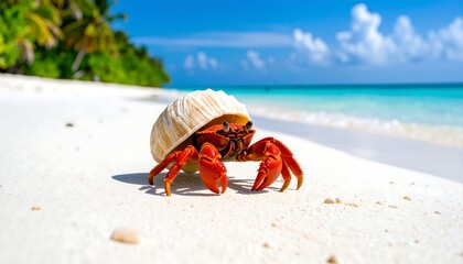 Red crab in shell on tropical beach