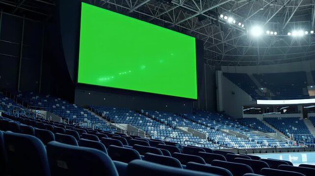 Modern sports arena interior with a massive green screen scoreboard and empty audience seats, ready for content display