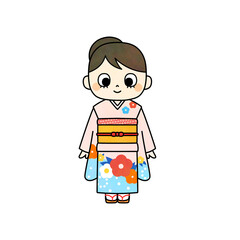 A hand-drawn illustration of a young girl wearing a colorful traditional kimono (Yotsumi Kimono), suitable for Shichi-Go-San celebration, Japanese New Year, and other festive events.