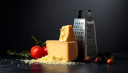Cheese, tomatoes, and grater on dark surface