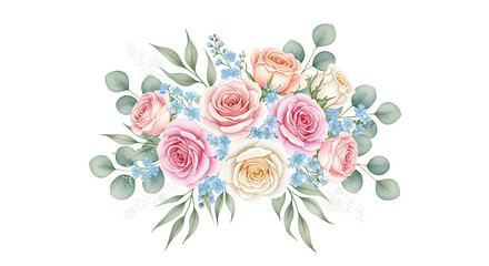 Floral Arrangement Pink Roses with Blue Forget-me-nots on White